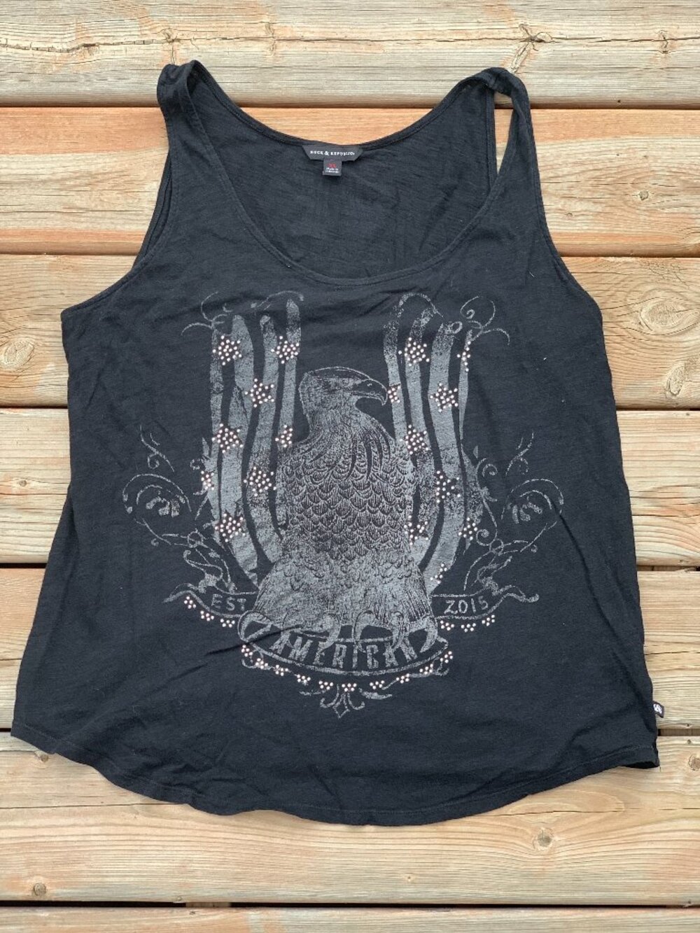 Rock & Republic Tank Top Women's XL Black Silver Metallic Studded Eagle Goth Y2K